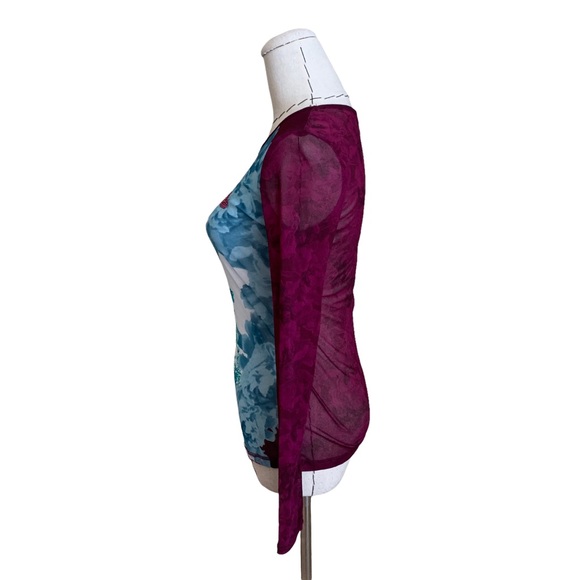 Y2k 90s Express Mesh Stretch Long Sleeve Top Angels Floral Westwood Gaultier - Picture 6 of 7